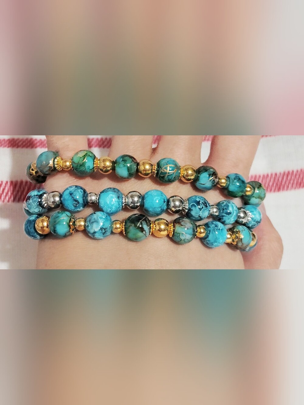 Handmade Glass Bracelet One Of A Kind. Cyan Mix And Blue. Lot Of 3 Size 7'' - Picture 5 of 17